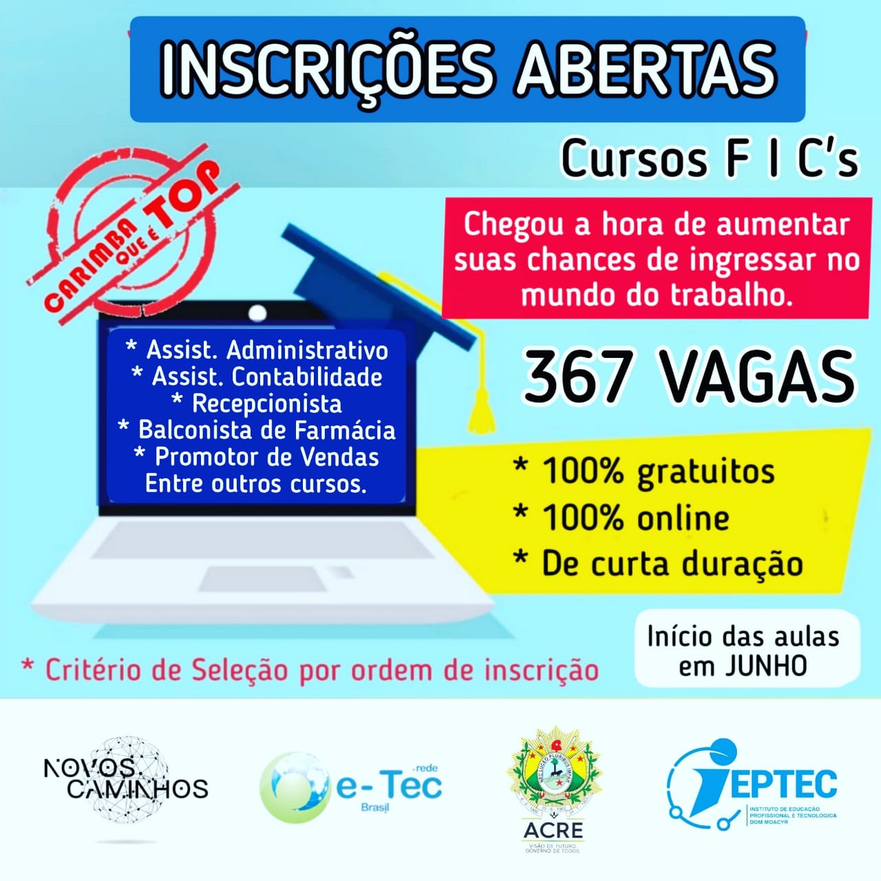 INSCRIÇÕES ABERTAS PARA EDUCANDOS EM CURSOS FIC'S